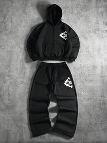 PAVTROS Ensemble deux pièces pour hommes composé d'une veste de mode confortable avec broderie et d'un pantalon long à taille élastique. Ensemble jogging noir, tenue de ville Y2K avec sweat-shirt à capuche et pantalon pour hommes - Noir - Voir 2