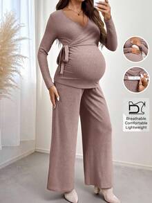 SHEIN Bộ 2 áo thun dài tay gân màu trơn cho bà bầu và quần ống đứng rộng rãi - Hồng - Xem 1