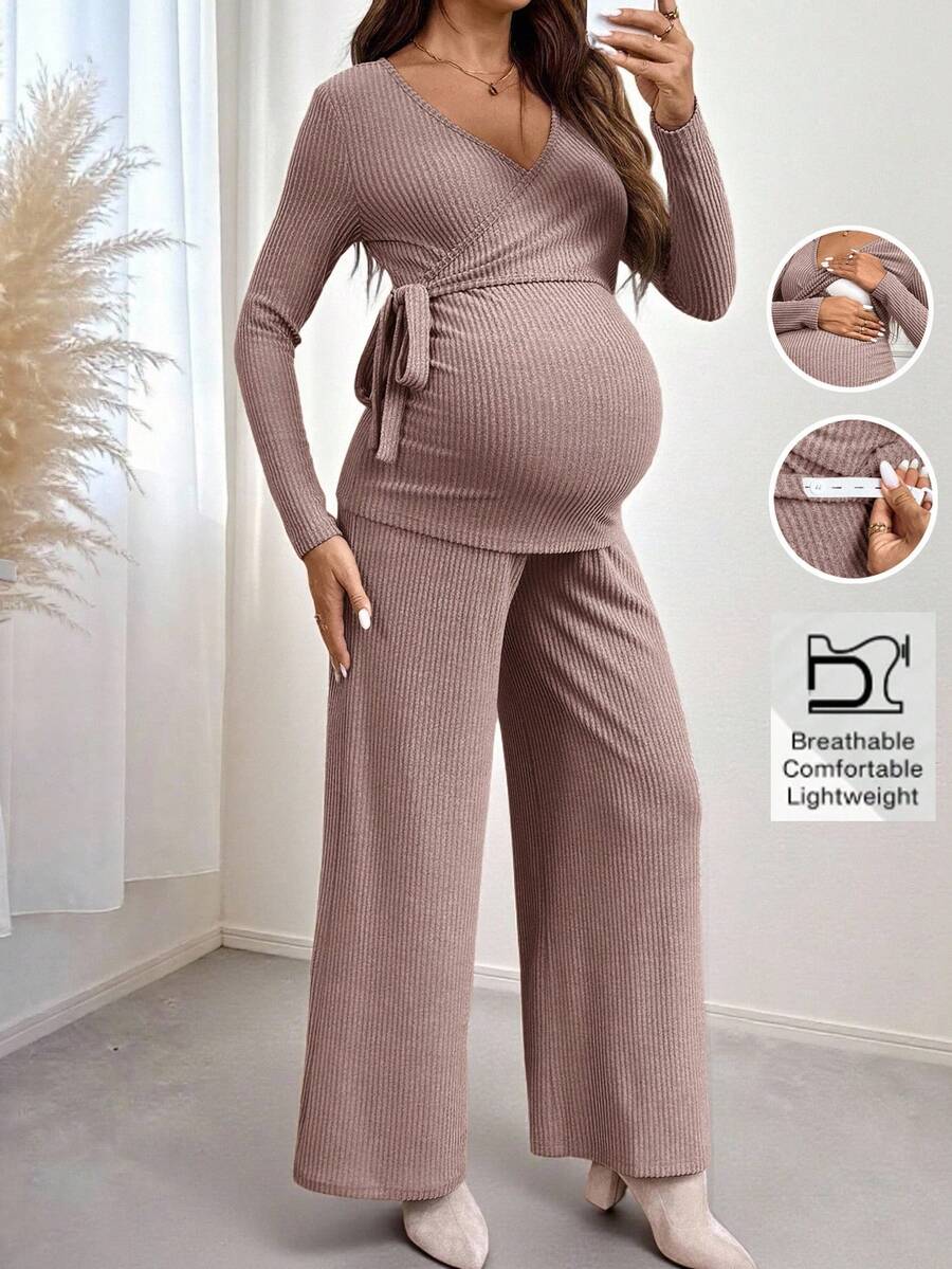 SHEIN Bộ 2 áo thun dài tay gân màu trơn cho bà bầu và quần ống đứng rộng rãi - Hồng - Xem 1