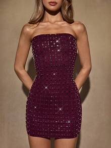 SHEIN BAE 秋冬性感鸡尾酒会服装，纯色酒红色或茄子紫色露肩紧身连衣裙，饰有精美水钻和网眼，适合派对、鸡尾酒会、正式场合、生日派对、节日、万圣节、圣诞节 - 酒紅色 - 查看 6