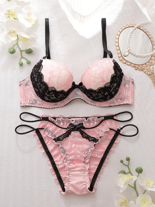 DelicateAllure Lace Lingerie Set In Pink & Black, Hollow Crochet Craftsmanship, Sexy Spaghetti Strap Design, Skin-Friendly & Intimate