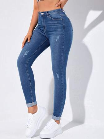 Flexra Spring High Waist Ripped Slant Pocket Skinny Jeans