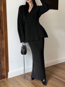 DAZY 2pcs/Set Women Elegant Fitted Sweater Set, Autumn/Winter - Black - View 3