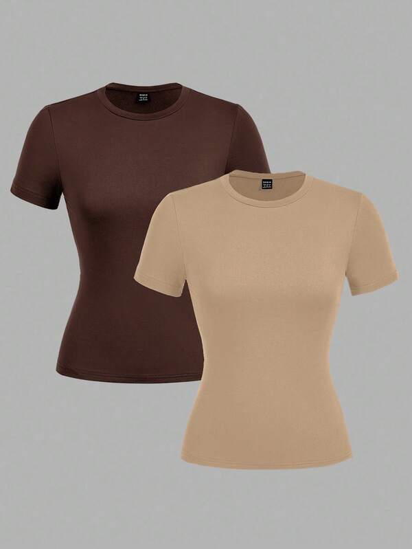SHEIN EZwear 2pcs/Set Casual Minimalist Basic Round Neck Short Sleeve Undershirt, Suitable For Spring/Summer
