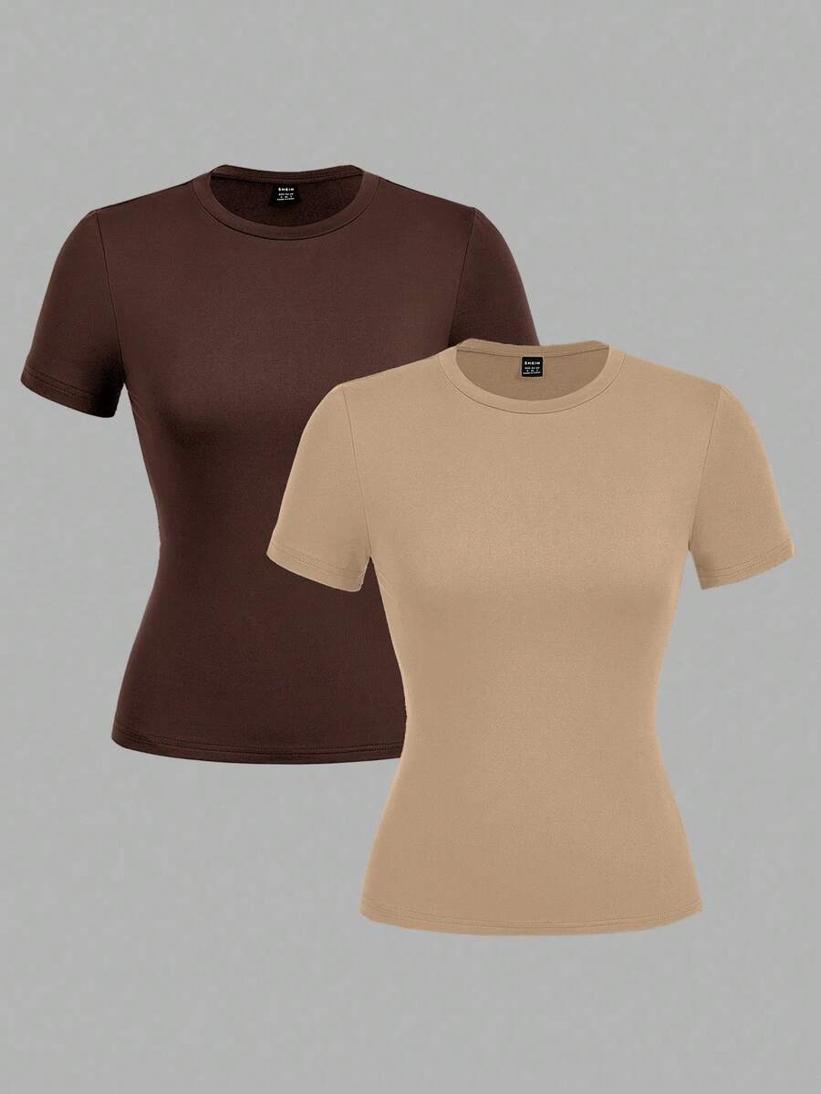SHEIN EZwear Bộ 2 áo thun tay ngắn cổ tròn đơn giản, tối giản, thích hợp cho mùa xuân/hè - Nhiều màu - Xem 1
