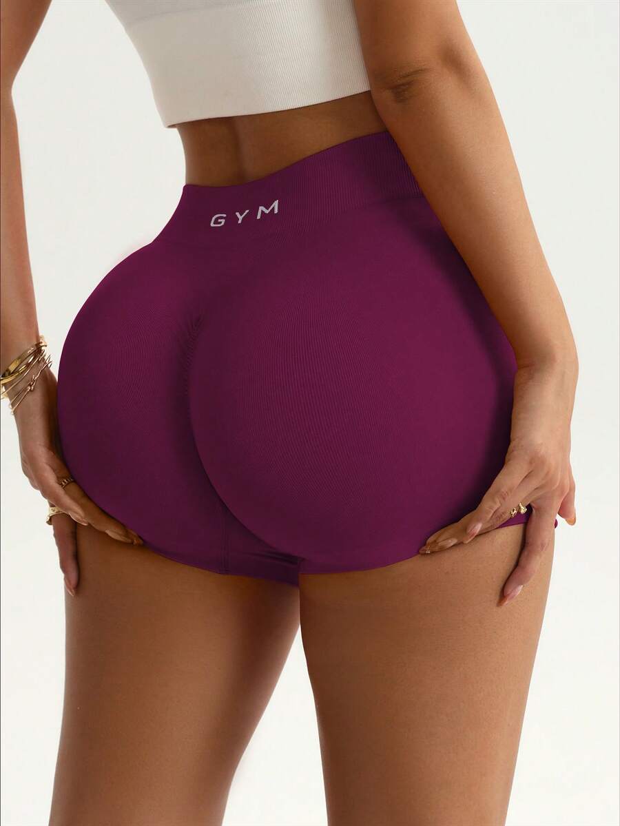 Core Rhythm 1 件红色腰带运动短裤，无缝针织高弹力舒适瑜伽、健身、户外运动 - 中紫紅色 - 查看 1