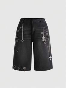 ROMWE Grunge Punk Quần jean lửng rách rưới kiểu vintage với dây xích kim loại cỡ lớn - màu đen - Xem 3