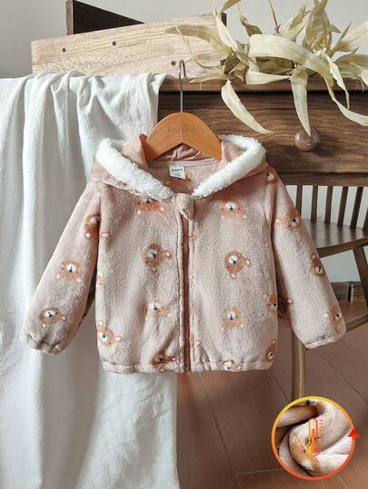 Vintaside Kids 1pc Digital Print Bear Hooded Detachable Thermal Lined Long Sleeve Jacket For Baby Boys