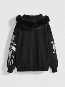 Grunge Punk Women's Y2K Punk Halloween Skull Print Fuzzy Hooded Loose Sweatshirt, Autumn/Winter - Black - View 2