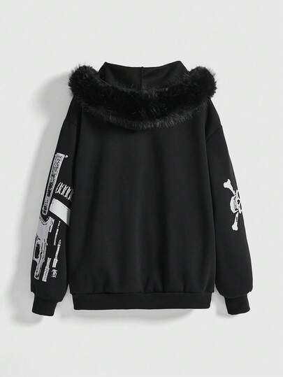 Grunge Punk Women's Y2K Punk Halloween Skull Print Fuzzy Hooded Loose Sweatshirt, Autumn/Winter