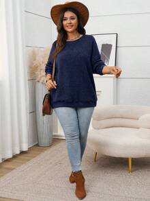 EMERY ROSE 大码女式纯色圆领落肩长袖休闲抓绒卫衣，秋冬新年圣诞派对保暖舒适，适合大码女式冬季穿着，新年外出，2025新款，简约时尚，日常穿着，大码冬季，圣诞节，新年，约会之夜