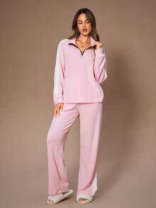 Lazeform 女士休闲撞色拼接半拉链领长袖上衣和阔腿裤家居服套装 粉色针织睡衣套装 粉色睡衣套装，冬季服装 - 粉色 - 查看 3