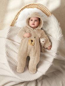 Cozy Pixies Newborn Baby Boy Cartoon Bear Ear Hooded Thick Long Sleeve Footed Romper - Apricot - View 3