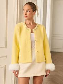 Chiquease 女士圆领时尚装饰开衫，黄色 - 黃色 - 查看 5