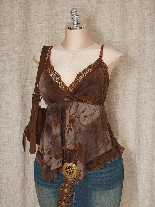 SHEIN ICON Women's Plus Size Sexy Vacation Retro Bohemian Style Plant Series Pastoral Style Brown Mesh Flower Flocking Splicing Lace Lace V-Neck Beaded Asymmetrical Hem Vest Camisole
