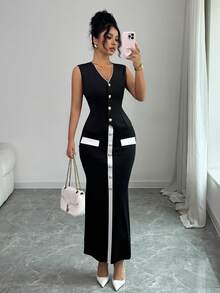 Rafferiza 女式撞色镶边V领无袖修身西装套装 - 黑與白 - 查看 2