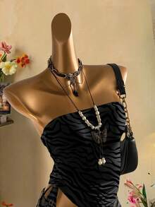 Attitoon 女式休闲斑马纹抽绳系带短款吊带背心，春夏季时尚 - 深灰色 - 查看 5