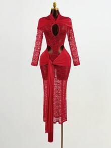 Mistrie 女式长袖镂空扭纹设计性感蕾丝紧身连衣裙 - 紅色 - 查看 6