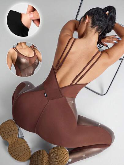 Innovista Woman Luxury Tonal Shimmer Mixed Workout Jumpsuit With Built-In Bra Removable Pads Zip Up Glossy Athletic Stretchy Yoga Gym Romper One Piece Exercise Suit With Mesh Cutout Breathable Fall Sports Bodysuit Tummy Control Boosting Design Daily Athleisure Overall Clothes Y2k Style Work From Home Running Biker HIIT Training Comfort Movement Cardio Cycling Cross Fit Outdoor Exercise Healthy