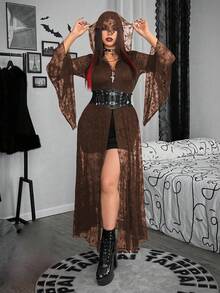 SHEIN Whyspr 大码深色纯色连帽蕾丝性感连衣裙 - 棕色 - 查看 1