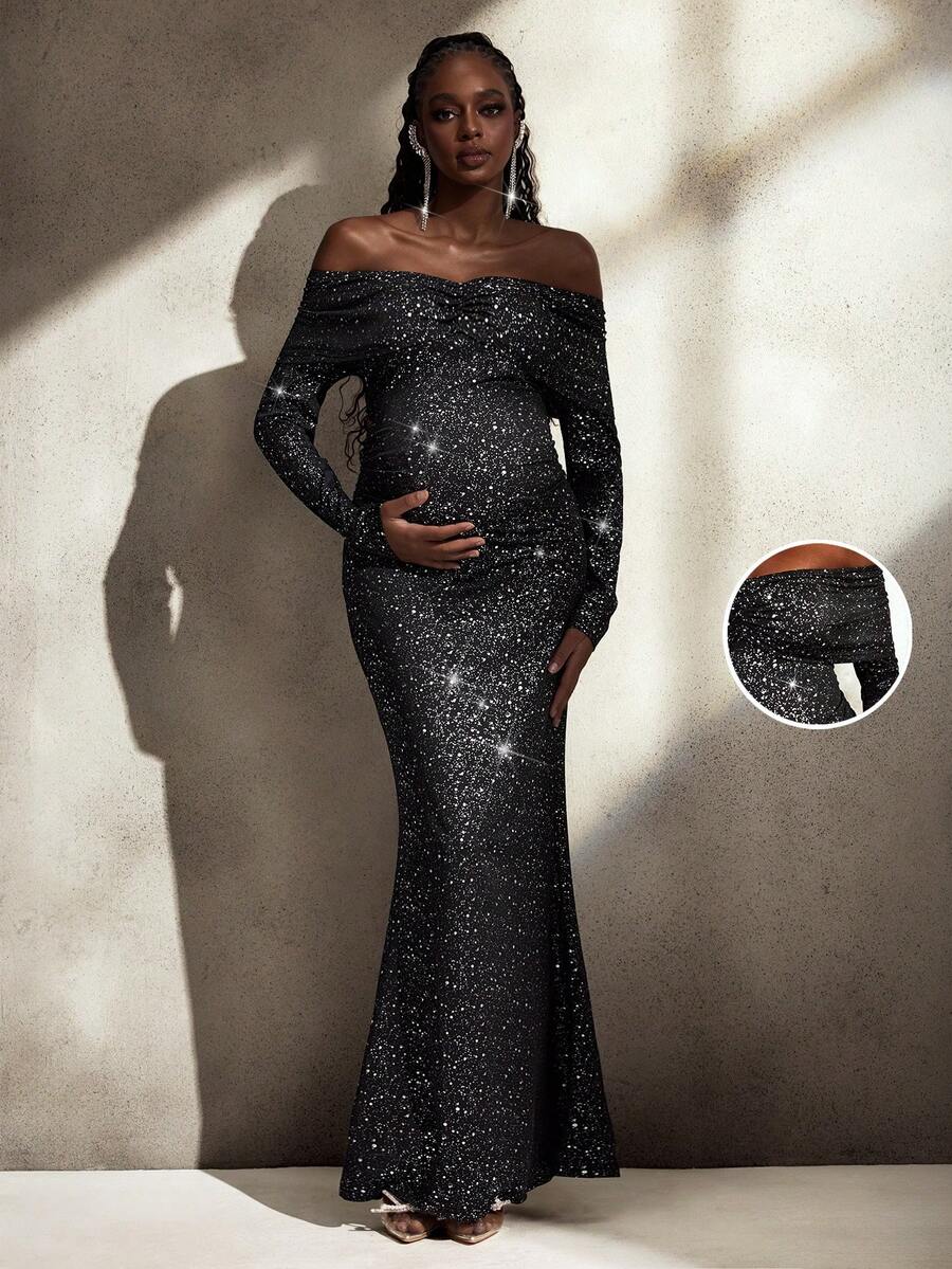 Cheriluna Maternity 孕妇写真连衣裙，长袖露肩双层设计，中后腰褶饰，修身金属面料长裙 - 黑色 - 查看 1