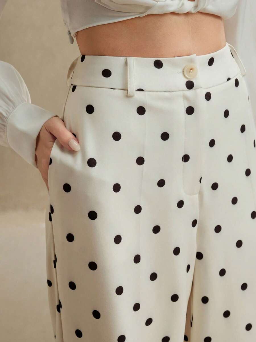 Anewsta Petite Quần tây nữ thanh lịch, nhỏ nhắn, chuyên nghiệp, màu mơ nhạt, họa tiết chấm bi đen, cạp cao, dáng suông, thích hợp cho việc đi làm. - Nhiều màu - Xem 1