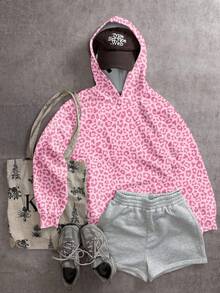 SHEIN EZwear Printed Pink Cute Leopard Pattern Loose Fit Comfortable Sweatshirt, Suitable For Autumn/Winter, Street Style, Airport Style, Chic, Y2K - Multicolor - View 4