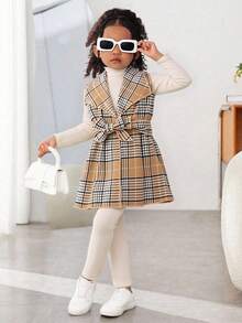 3 件套幼儿女童春秋新款提花针织仿针织高领长袖简约 T 恤、休闲打底裤、格子翻领长款背心夹克（配腰带）、百搭家居服和通勤装 - 卡其色 - 查看 1