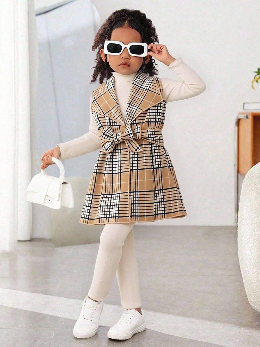 3 件套幼儿女童春秋新款提花针织仿针织高领长袖简约 T 恤、休闲打底裤、格子翻领长款背心夹克（配腰带）、百搭家居服和通勤装 - 卡其色 - 查看 1