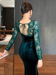 DAZY 女士秋季蕾丝拼接鱼尾保暖中长连衣裙舞会礼服 - 綠色 - 查看 2
