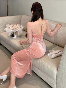 DAZY Váy dài vừa phải lót nhiệt đuôi cá phối ren chắp vá thời trang thu đông dành cho nữ - Hồng - Xem 2