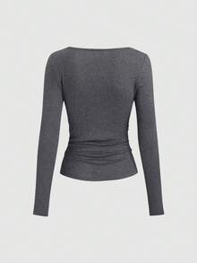 Sweetra 复古美式设计不对称肩部 T 恤，修身时尚女式秋季 T 恤 - 黑色 - 查看 2