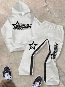 SHEIN Bolty Tween Boy White Autumn Graphic Streetwear School Back-To-School Graffiti Star & Letter Pattern Y2K Loose Hoodie & Flare Pants 2 Pieces Woven Set - Multicolor - View 2