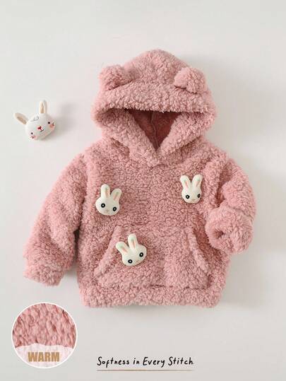 Cozy Pixies Baby Girl Cartoon Rabbit Applique Thermal Lined Hooded Long Sleeve Pullover Sweatshirt