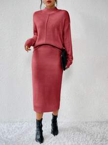 RosyDaze 女式纯色简约日常长袖上衣和裙子针织两件套，休闲 - 西瓜粉 - 查看 4