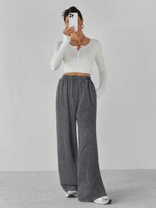 SHEIN Tall 女士纯色松紧腰宽松运动裤 - 深灰色 - 查看 3