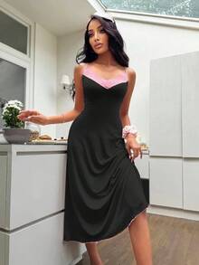 SHEIN 蕾丝边柔软舒适女式长睡袍 - 黑色 - 查看 6