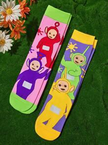 Teletubbies X SHEIN 2Pairs Soft & Breathable Moisture-Wicking Casual Women Mid-Calf Socks With Cute Cartoon Pattern Fashionable Pink & Purple Crew Socks Reinforced Toe & Heel For Durability All Season All-Match Summer Winter