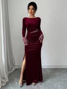 Elenzga 优雅浪漫天鹅绒长袖连衣裙，珍珠串珠，腰部褶皱，开衩，适合情人节、圣诞节、感恩节、派对、节日、冬季和秋季 - 酒紅色 - 查看 6