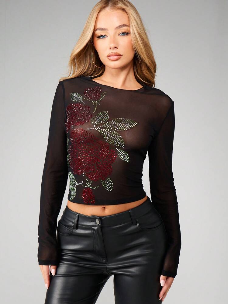 MISSGUIDED Hot Fix Rose Print Mesh Long Sleeve Top｜MISSGUIDED