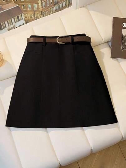 INAWLY Plus Size Women Solid Color Side Zipper Fitted Elegant Skirt