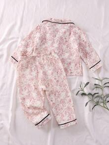 2pcs Baby Girls' Soft Cotton Butterfly & Bear Print Layered Tulle Trim Long Sleeve Top And Pants Pajama Set, Beige - Red - View 2