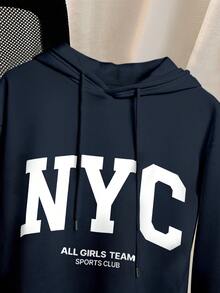 EMERY ROSE 女式加大码曲线羊毛连帽连衣裙，配有抽绳和纽约 NYC 字母印花，长袖运动衫图案套装