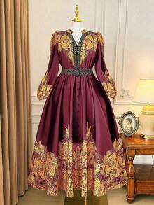 Rometta 永不过时：哥特式预科，周三风格。拥抱你内心的暗黑女性时尚。大码女士时尚百搭泰国马尔代夫海滩度假波西米亚风花卉印花腰部收紧圆领长袖喇叭裙，适合春秋冬三季。 - 彩色 - 查看 6