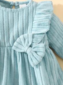 SHEIN Newborn Baby Girl Elegant Bow Decor Long Sleeve Dress, Sweet & Casual Style, Suitable For Spring/Autumn Outings, Vacations, Birthday Parties