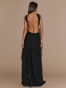 Elegante vestido de cóctel con lentejuelas negras, encaje calado, abertura alta y brillante con cuentas, adecuado para fiestas de cóctel, citas románticas, capas de otoño/invierno, fiestas, bodas, Halloween, Navidad - Negro 2 - Ver 11