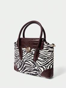 SHECARRY Women's Fashion Commuter Zebra Print & Crocodile Embossed Patchwork Handbag - Black and White - View 3