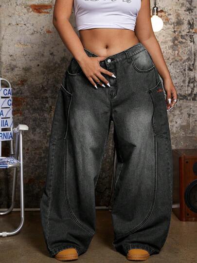 SHEIN ICON Plus Size Casual Distressed Washed Wide Leg Boyfriend Jeans