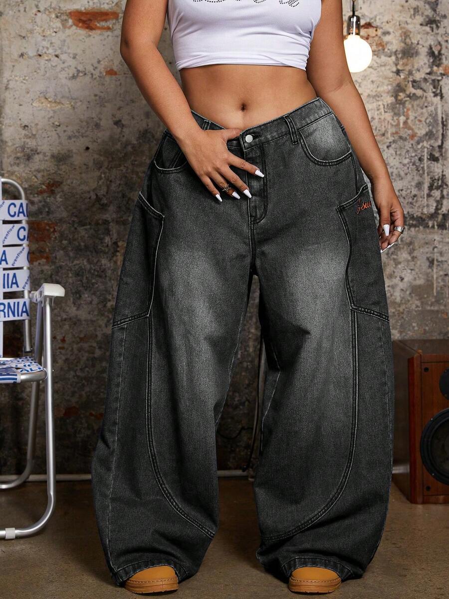 SHEIN ICON Plus Size Casual Distressed Washed Wide Leg Boyfriend Jeans - Grey - View 1