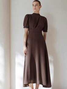 Aveloria Modichic 优雅女士雪纺连衣裙，褶皱胸部设计，公主袖，收腰喇叭裙，简约风格，通勤百搭，及膝长度 - 咖啡 - 查看 5